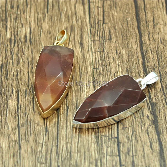 

P15052239 Brown Agates Stone Dagger Shaped Pendant- Gold or Silver Bezel Charm Pendant