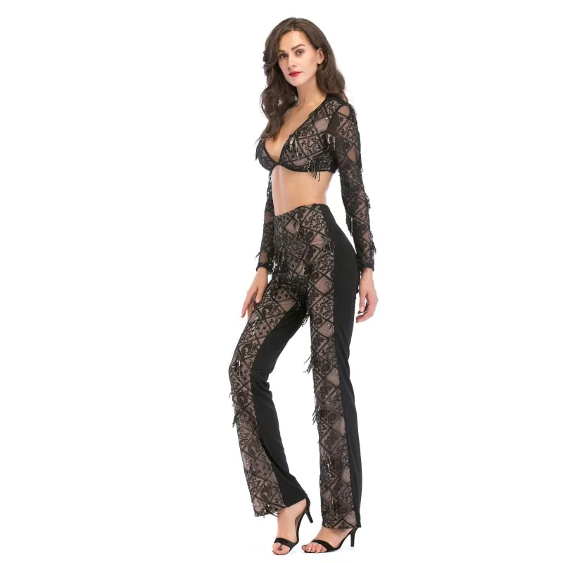 Summer Black Two Piece Suit Womens Set Clothing Sequins Splice V neck Long Sleeve Sexy Top With long pants set A21816 |