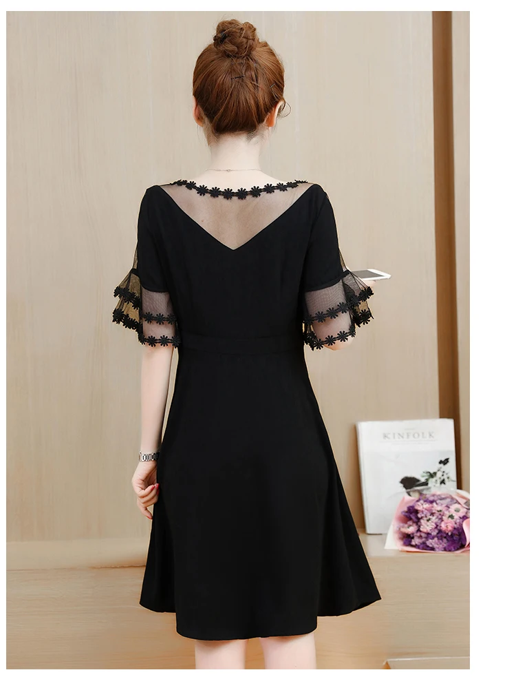 New Summer Big Size Dresses Women Mesh Lace Pathwork Short Flare Sleeve Black Dress Plus 2xl 3xl 4xl 5xl Vestidos De Festa | Женская