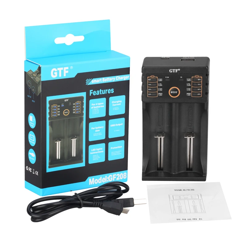 Интеллектуальное зарядное устройство GTF GF208 USB с функцией внешнего аккумулятора для Ni-MH литиевых аккумуляторов 14500 26650 18350 18650