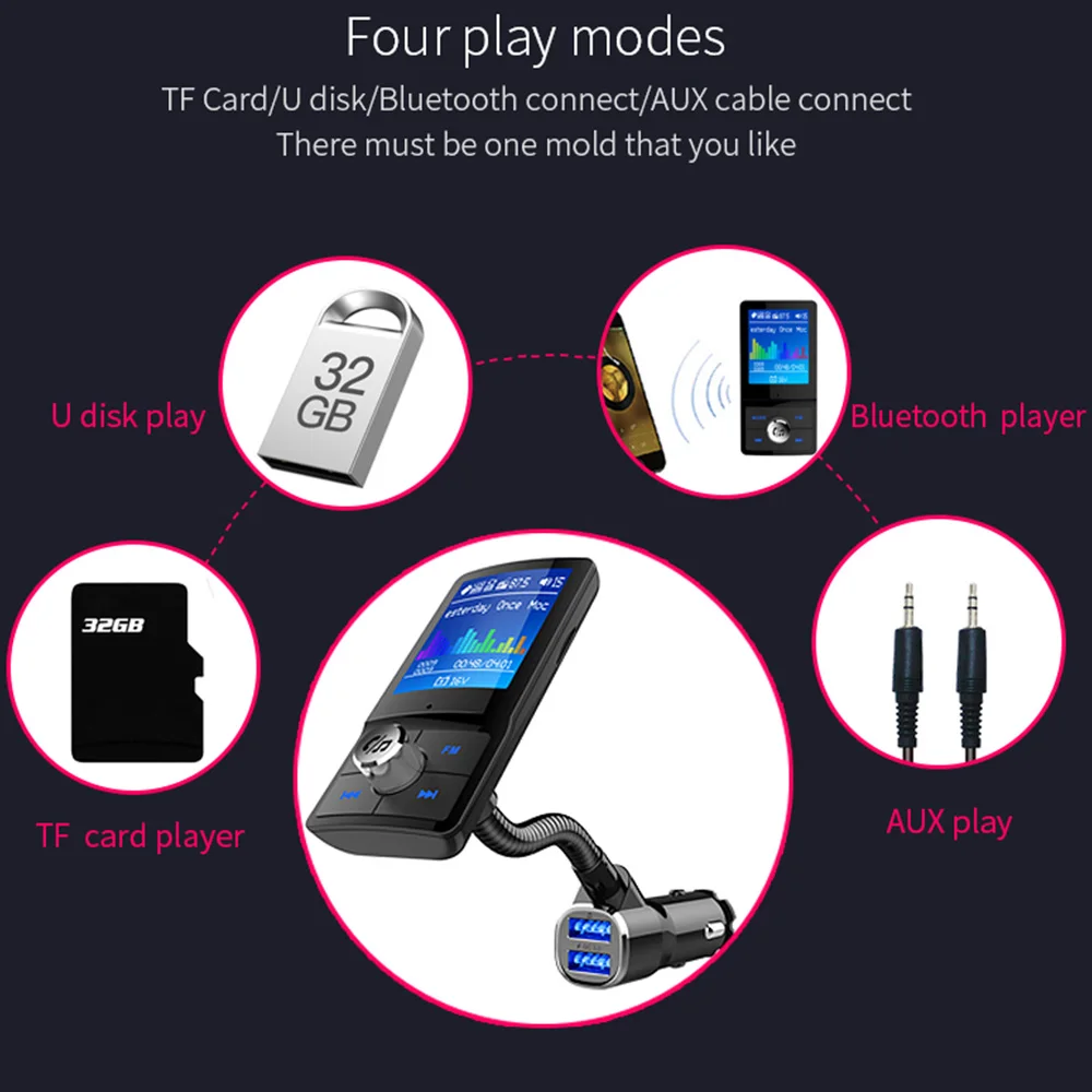 Konrisa 1,7" большой экран Bluetooth fm-передатчик Aux вход Handsfree автомобильный комплект MP3 плеер QC3.0 двойной USB порт Поддержка TF карты