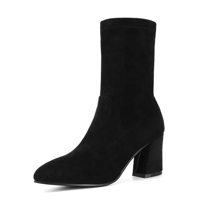 Black-7cm QUTAA/ г.; женская обувь из флока без застежки в сдержанном стиле; сезон осень-зима модные черные эластичные полусапожки на высоком квадратном каблуке размеры 34-43 - Цвет: Black-7cm