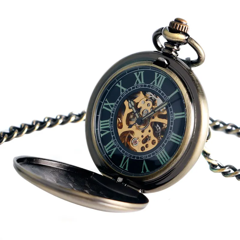 Stylish Copper Pocket Watch Automatic Mechanical  Smooth Face FOB Watches Noctilucent Roman Numerals Bronze Analog Gift Items