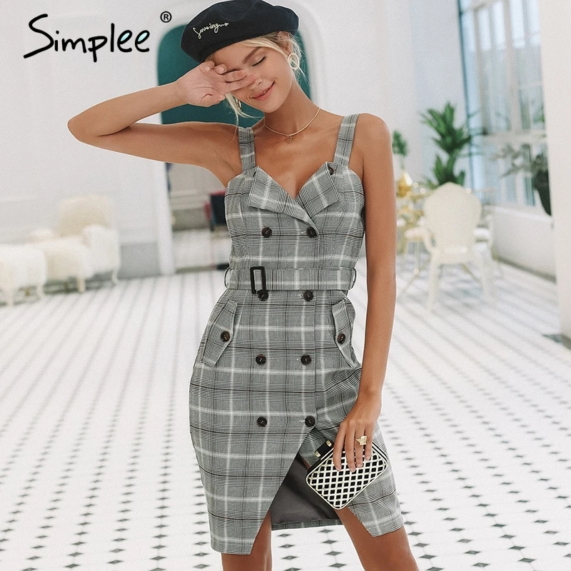 Короткое женское платье Simplee с высокой талией, двубортное клетчатое платье с ремешком для офисной леди, повседневное платье для осени и зимы