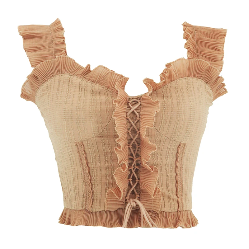 

PERHAPS U White Khaki Ruffle V Neck Sexy Bodycon Short Sleeveless Sarafan Lace Uptank Tops Women Female Solid B0136