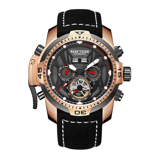 

Reef Tiger Aurora Serier RGA3532 Men Sport With Year Month Date Day Calendar Dial Automatic Mechanical Wrist Watch With Leather