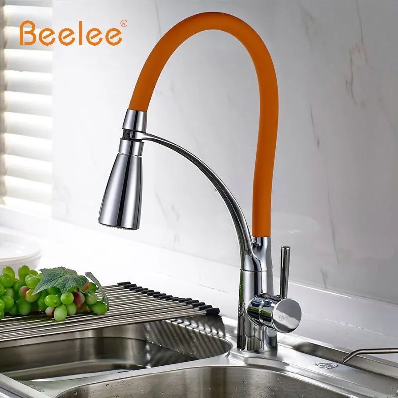Beelee кухонный кран выдвижной хромированный оранжевый цвет 360 градусов