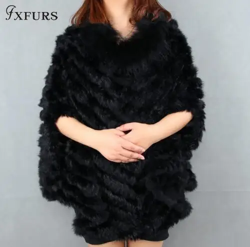 FXFURS настоящая Вязаная Шаль из кроличьего меха, женская модная меховая накидка с воротником из меха енота, осенний свитер с рукавами летучая мышь - Цвет: black
