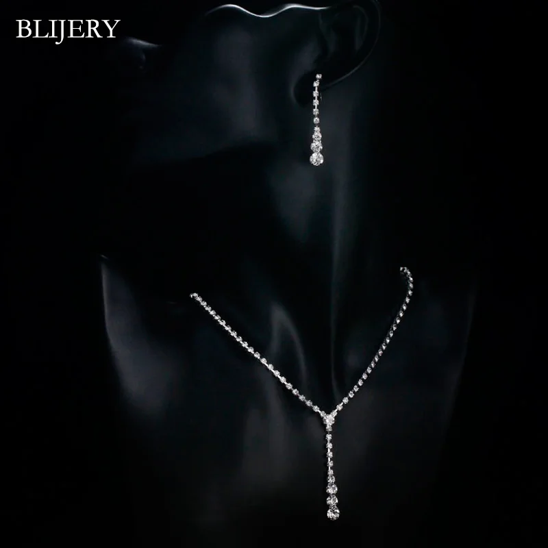BLIJERY, серебряный цвет, простой кристалл, Свадебные Ювелирные наборы, длинная капля, ожерелье, серьги, браслет, набор для женщин, свадебный ювелирный набор