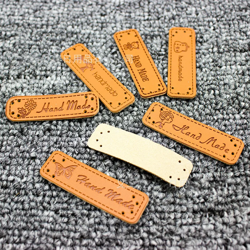 

10PCS English Hand Made Labels for Clothes PU Leather Tags Handmade Labels DIY Jeans Bags Shoes Sewing Accessories