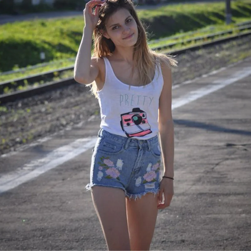 Модные рваные джинсовые шорты с вышивкой высокой талией и цветочным принтом