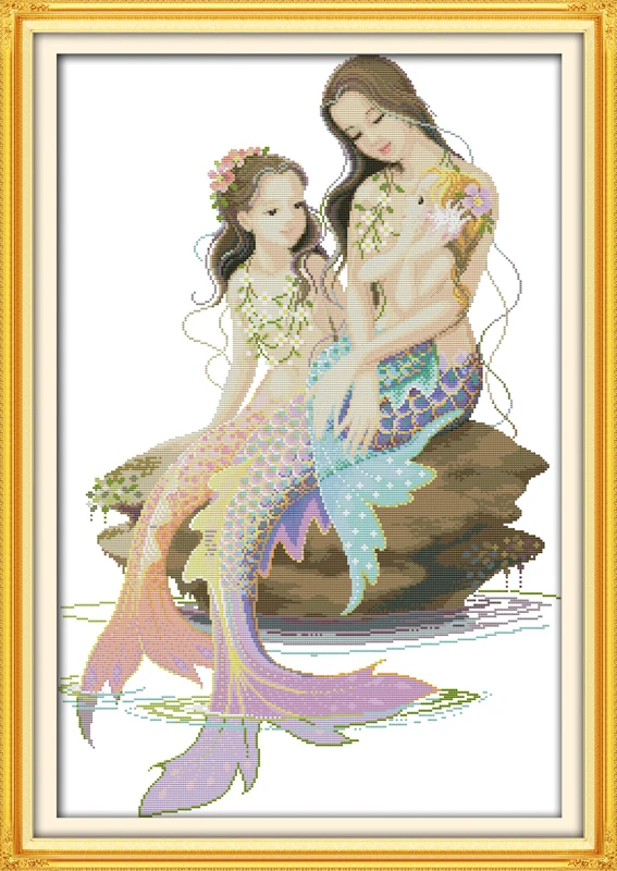 

The little mermaid and her mother cross stitch kit 18ct 14ct 11ct count print canvas stitches embroidery DIY handmade needlework