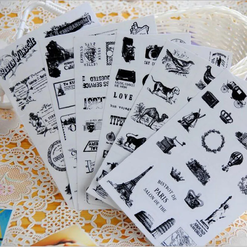 

6sheets/Set Retro Seal Pattern Transparent Diary Scrapbooking Decorative Stickers Tower Hot Air Balloon Cool Laptop Stickers