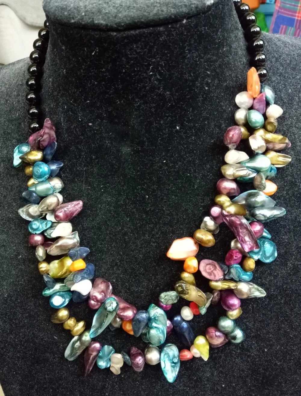 

Bohemia style colorful necklace of freshwater pearls and Black Agates Necklace