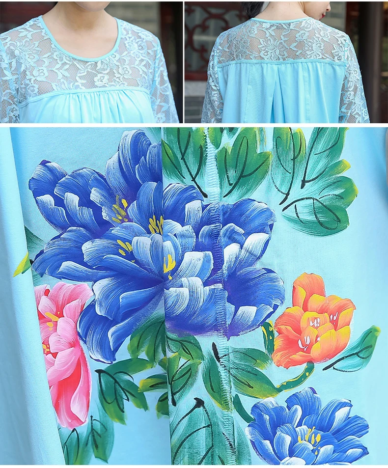 

National wind hand painted elegant Dress Summer Women loose fit lace patchwork Cotton Dress comfortable vestidos plus size 5XL