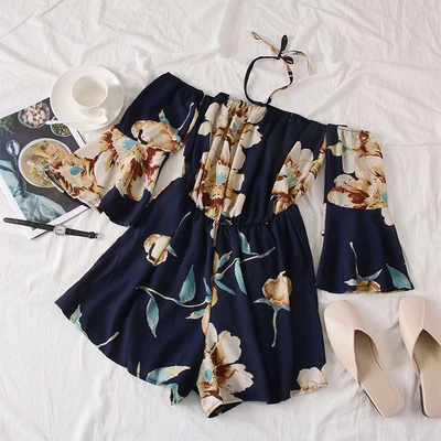 navy blue SINGRAIN женские Цветочные Комбинезоны на бретелях, праздничные Цветочные Комбинезоны, богемные пляжные комбинезоны с открытыми плечами, широкие шифоновые Комбинезоны - Цвет: navy blue