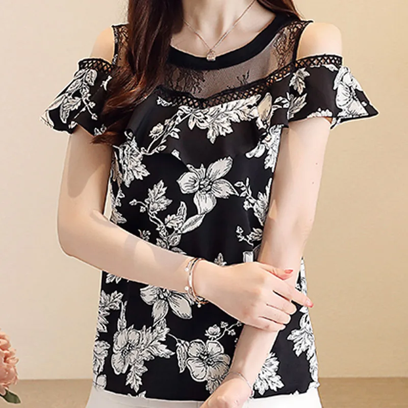 

Fashion round collar hollow lace print chiffon blouse shirt womens tops and blouse summer short sleeve off shouler top 2864 50