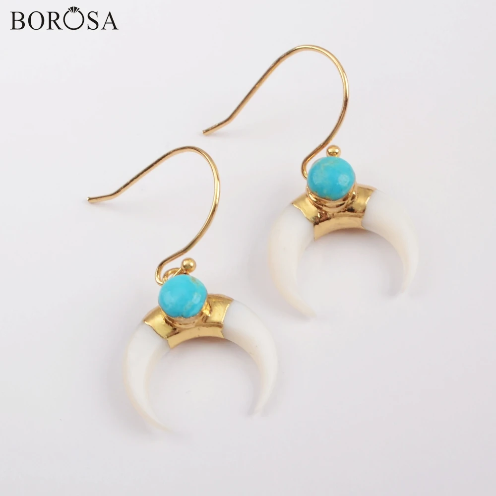 BOROSA Рог из ракушечника Золотой Гальванизированный& Круглый натуральная бирюза висячие серьги Howlites натуральный корпус женские серьги Прямая поставка