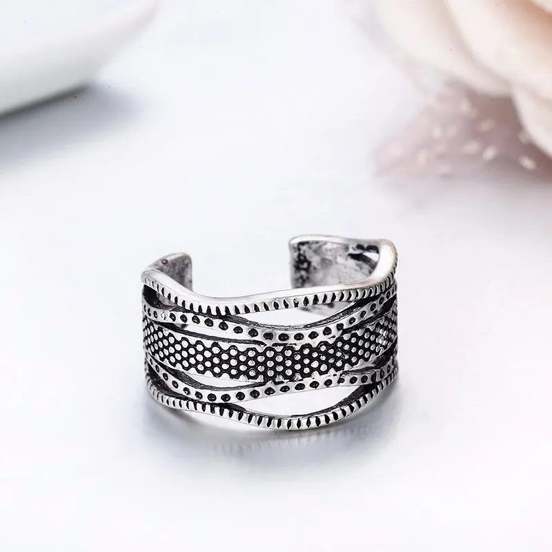 Винтажное Ретро серебряное кольцо с широкими волнами и узором в горошек для