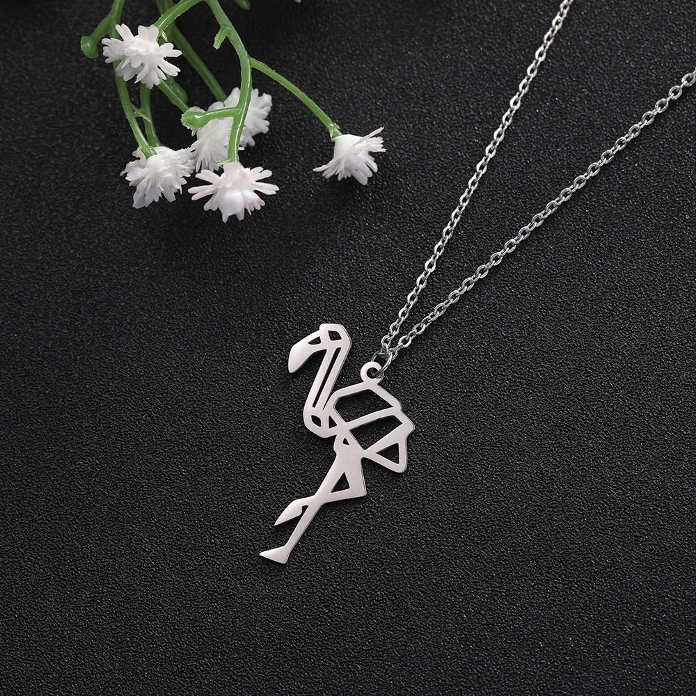 Teamer Stainless Steel Chain Necklace Owl Cock Flamingo Swallow Hollow Geometric Animal Pendant Chokers Female Gifts | Украшения и