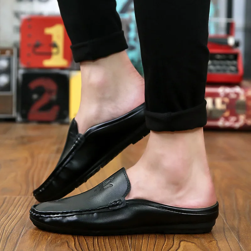 Мужские мокасины на плоской подошве черные кожаные мягкой толстой большие