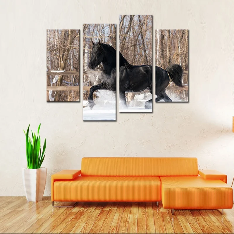 Modern Framework Picture 4 Pieces Black Horse Runs In The Snow Canvas Print Painting Wall Art For Livingroom Home Decor | Дом и сад