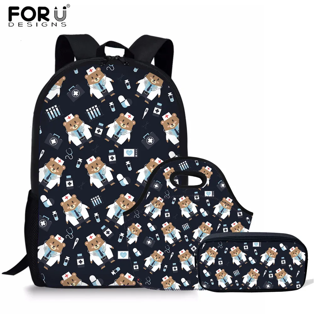Комплект школьных ранцев FORUDESIGNS с мультяшным медведем и докторским принтом