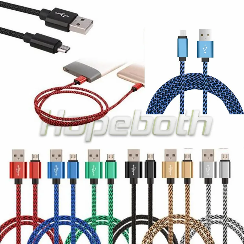 

100pcs 1m Metal alloy Fabric Nylon Braided Micro USB Cable Lead Charger Cord accessory bundles for samsung s6 s7 for htc