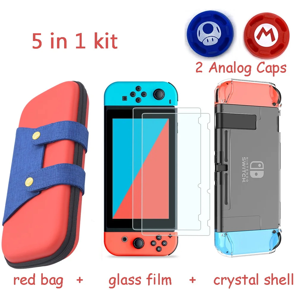 5 in 1 red 6 в 1 сумка для хранения игровой консоли для nintendo Switch NS чехол для nintendo Switch+ жесткий корпус+ пленка из закаленного стекла+ 2 крышки для захвата - Цвет: 5 in 1 red