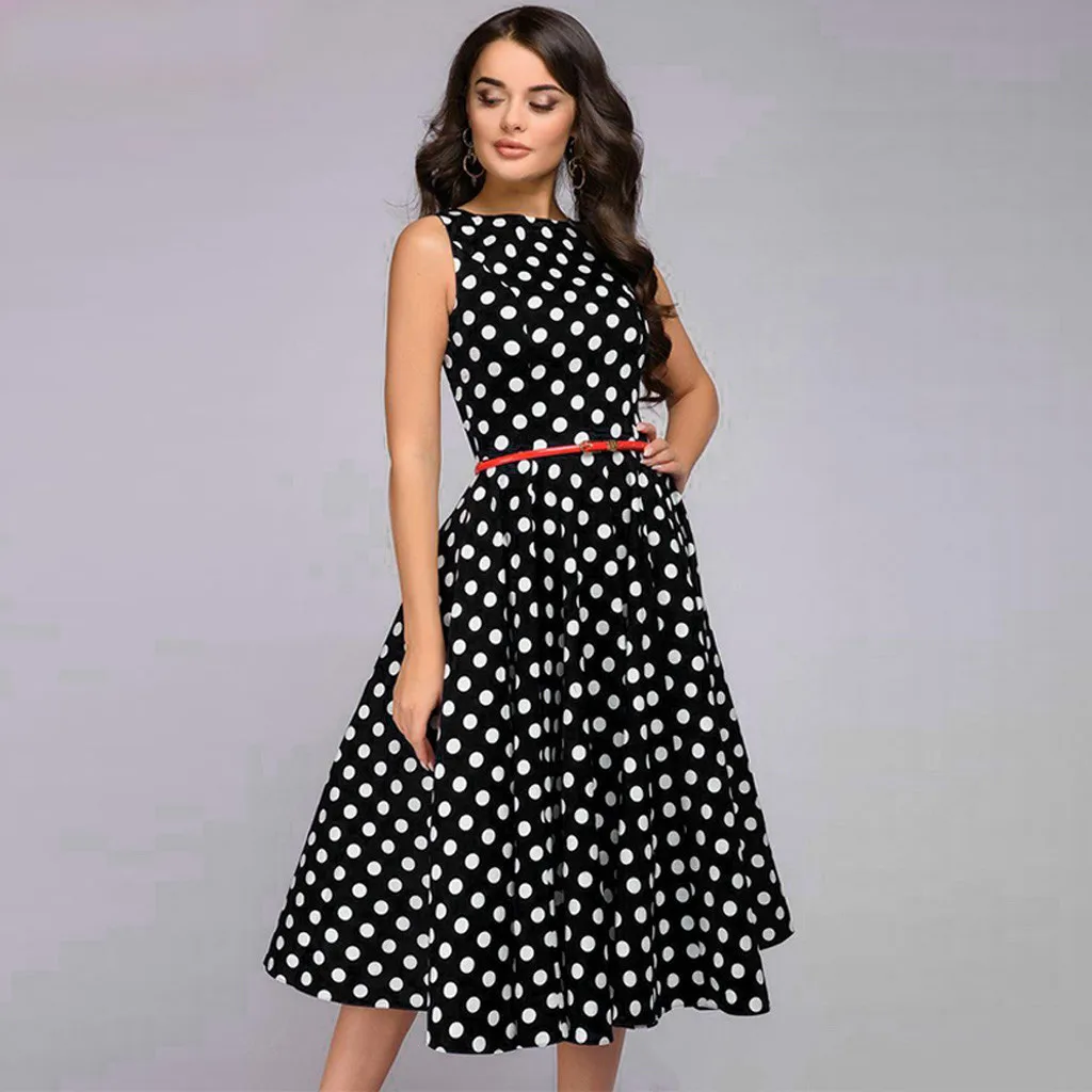 Knee Length cover dress summer women beach Dot Print black Sleeveless vintage Zip Flare Retro sukienka vestidos#G7|Женские платья| |