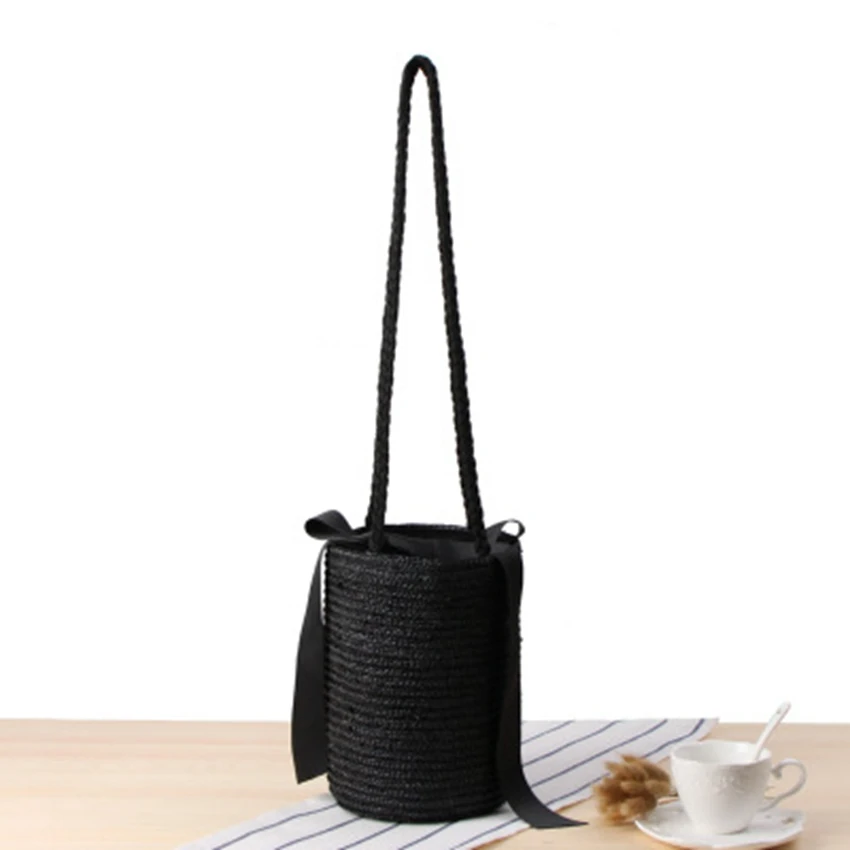 

National wind shoulder bucket woven bag ribbon solid color hand-woven bag diagonal summer vacation beach leisure bag
