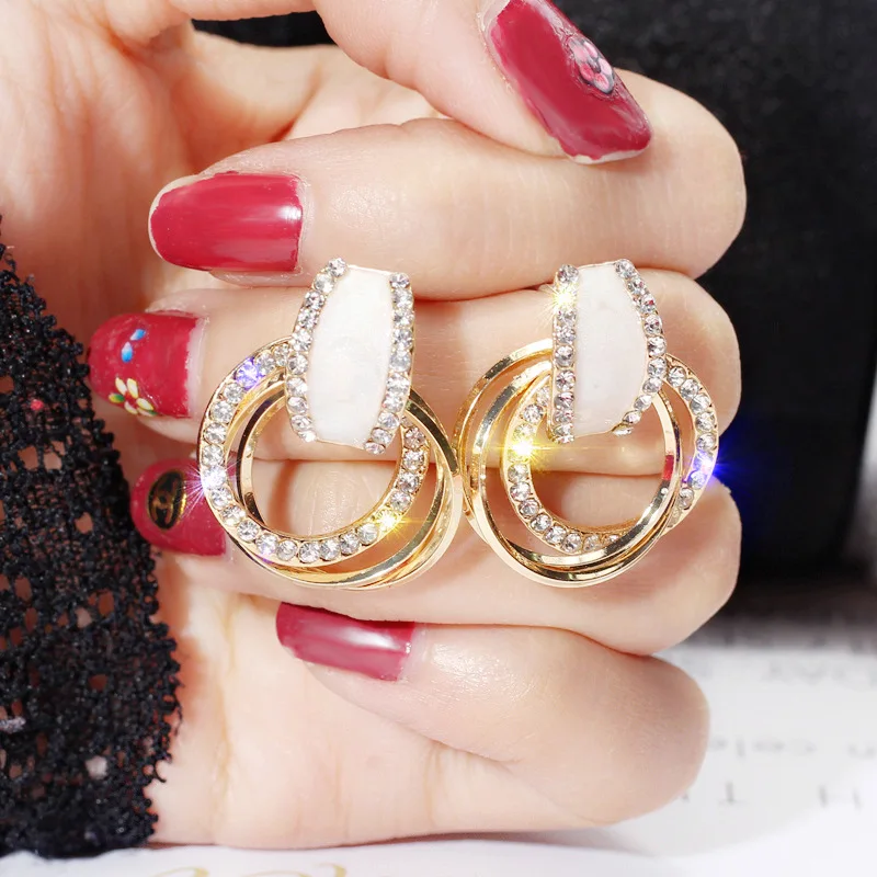 8SEASONS Luxury Rhinestone Rose Gold Silver Color Metal Stud Earrings Big Round Circles Pendant for Women Party Jewelry 1 Pair | Украшения