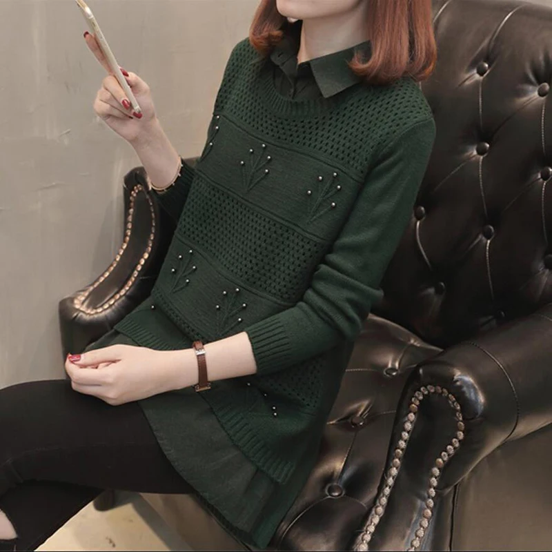 2018 Autumn New Loose Women Pullover Sweater Long Section Fake Two Shirt Collar Knitwear Jacket LY1108 | Женская одежда