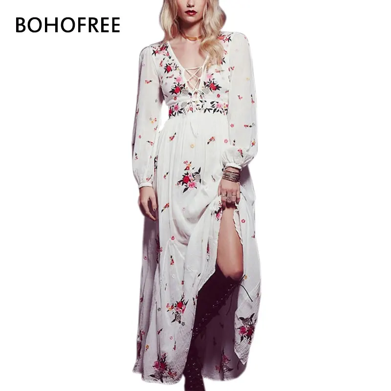 BOHOFREE белое длинное платье бохо из хлопка 2018 винтажное Цветочное с вышивкой и