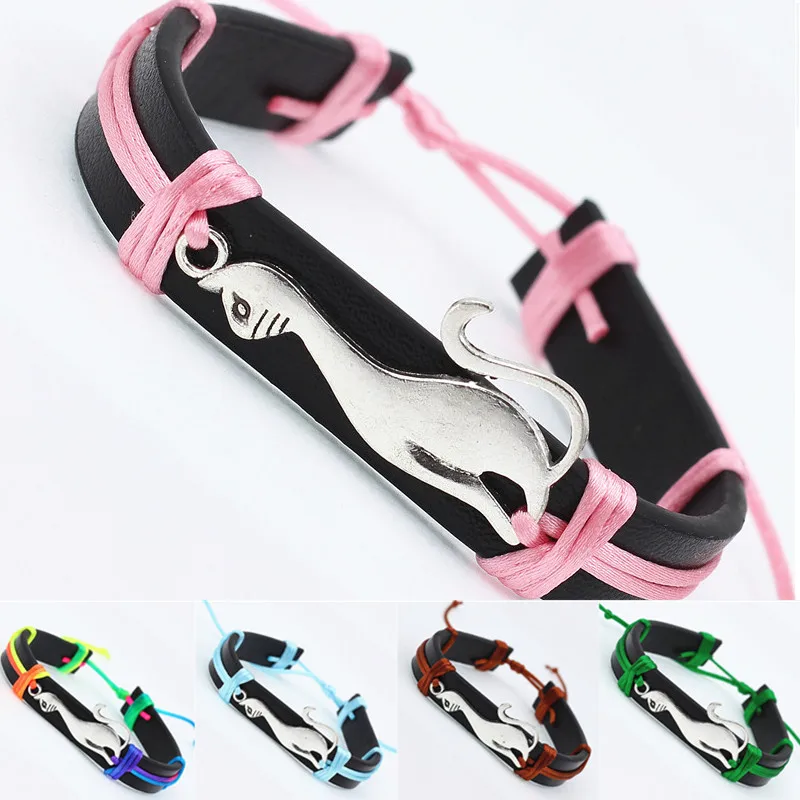 Antique Cute Cat Charms PU Leather Bracelets Lovely Animal handmade Braid colorful Jewelry kids Gifts for drop shipping | Украшения и
