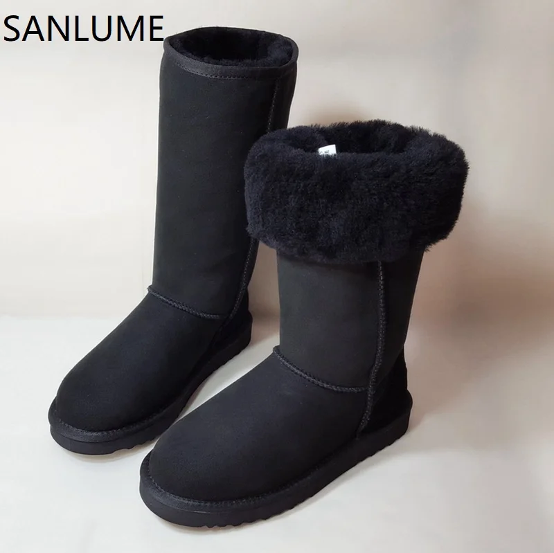 

SANLUME New Winter Boots Women Fur Real Leather knee high Long Snow Boots For Woman Platform Thigh High Flat Slip On Plus size