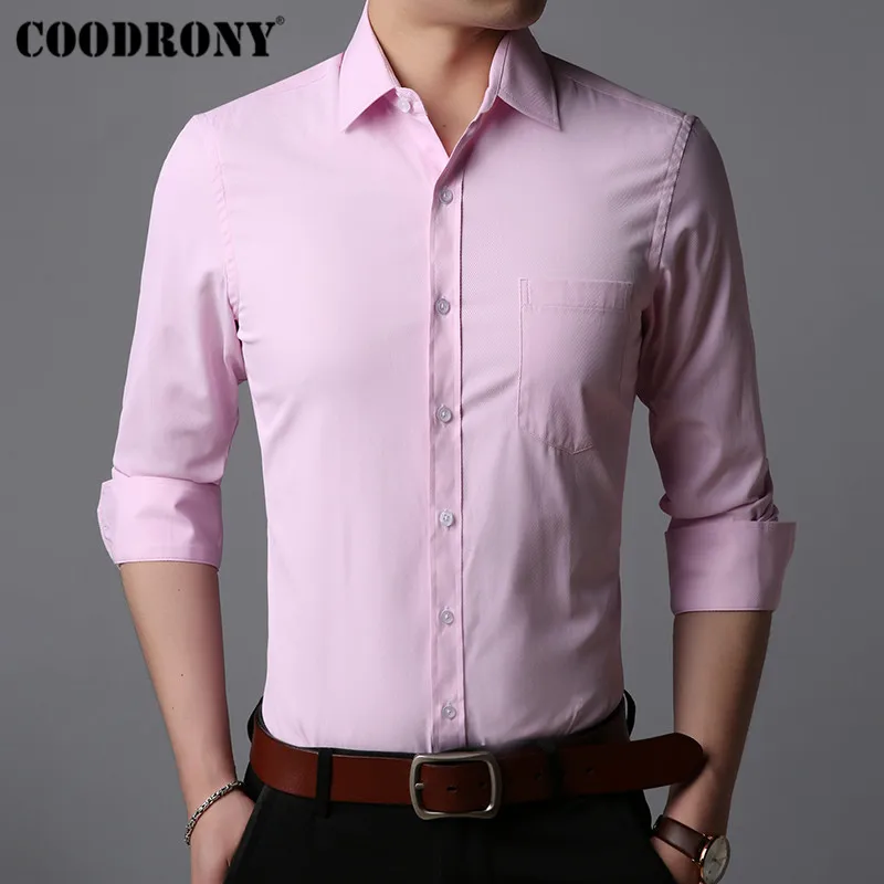 Розовый COODRONY Мужская рубашка, деловые повседневные рубашки, мягкая хлопковая классическая белая рубашка, Мужская осенняя одежда с длинным рукавом, Camisa Masculina 96041 - Цвет: Розовый
