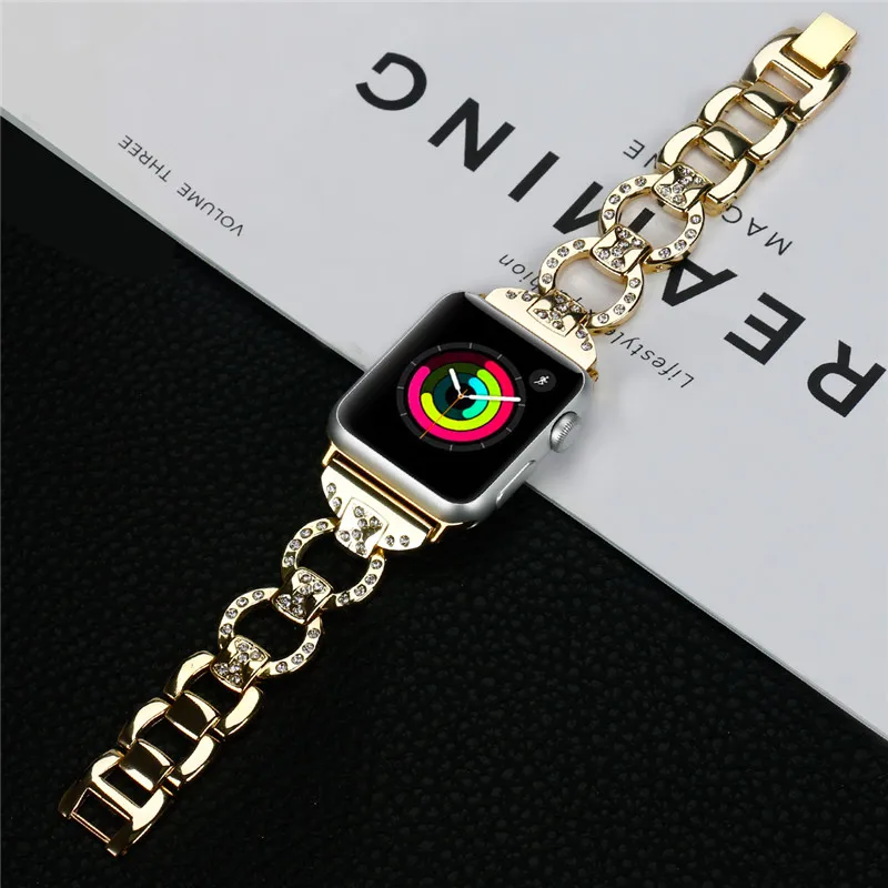 gold Шикарный Браслет из нержавеющей стали для Apple Watch ремешок 42 мм/38 мм iwatch 3 2 1 ремешок роскошный алмаз+ металлический ремешок для часов - Цвет ремешка: gold