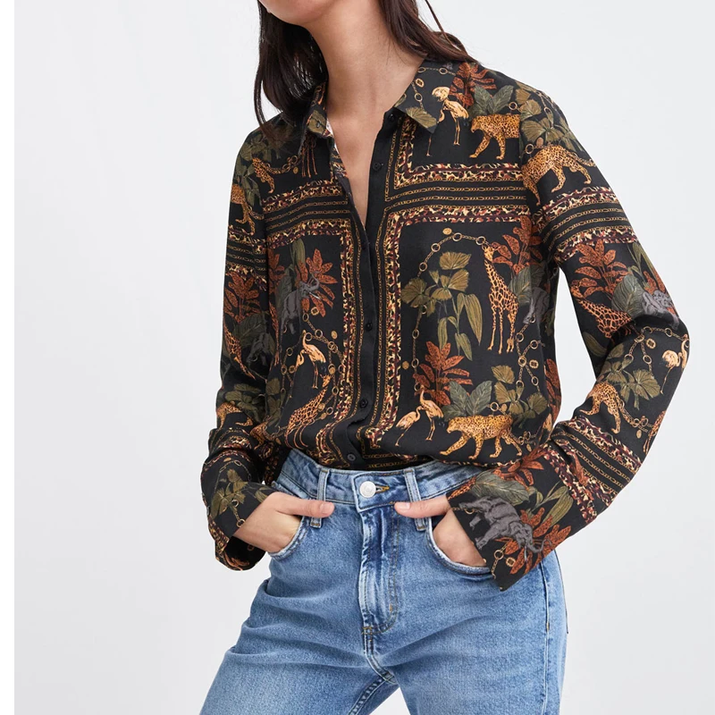 Za 2019 женские свободные экзотические блузки с животным принтом рубашки blusa Шорты |