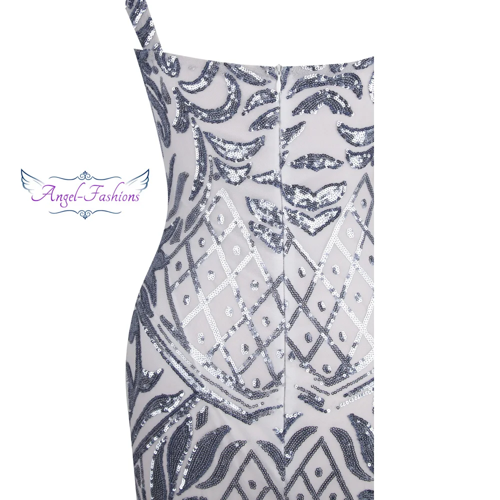 Angel Fashion Винтаж Гэтсби Хлопушка блесток Русалка длинное вечернее платье Серебро
