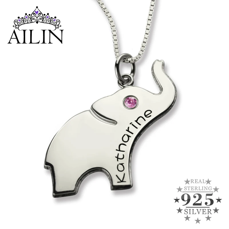 

AILIN Lucky Birthstone Elephant Necklace Silver Personalized Name Initial Elephant Necklace Luck with You Name Baby Jewelry