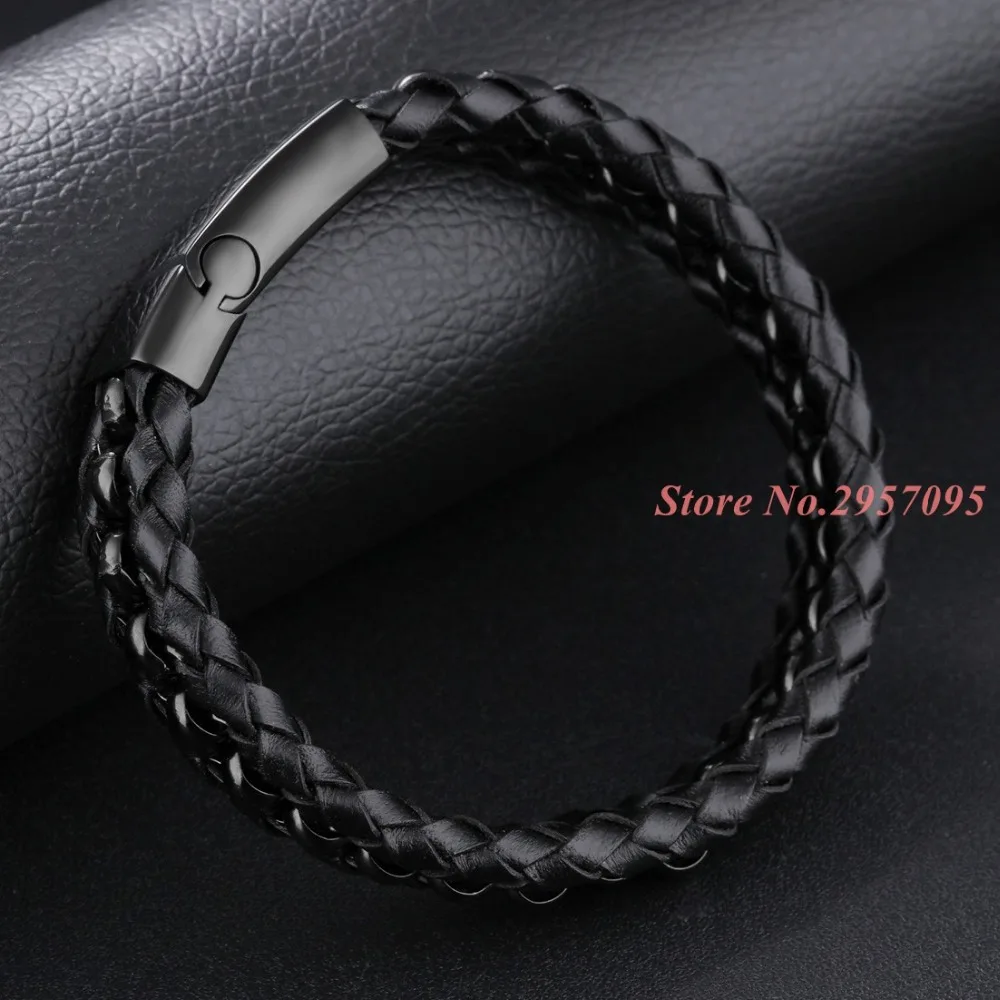 Genuine Leather Braided Mens Bracelets Bangles Highly Polished Black Stainless Steel Magnetic Best Friend Gift | Украшения и