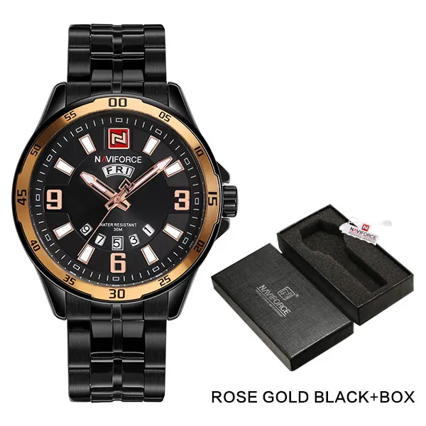 rose gold black box Мужские кварцевые часы NAVIFORCE Топ бренд военные спортивные часы мужские полностью из нержавеющей стали водонепроницаемые часы с календарем Relogio Masculino - Цвет: rose gold black box