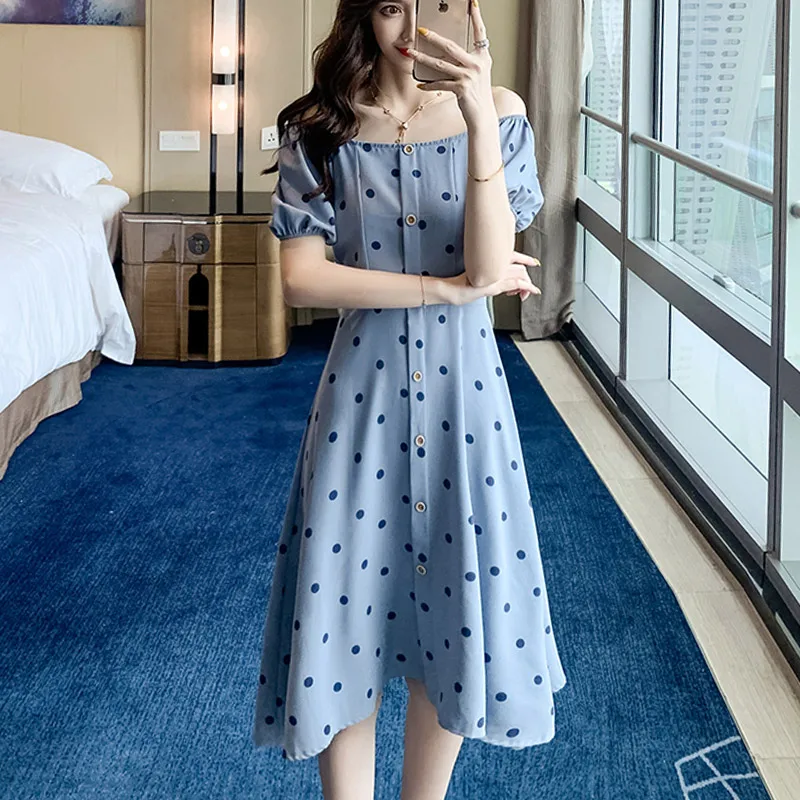 

French Romantic Vintage Midi Dress High Waist 2019 Elegant Buttons Polka Dot Print Summer Dresses Women Pleated Dress