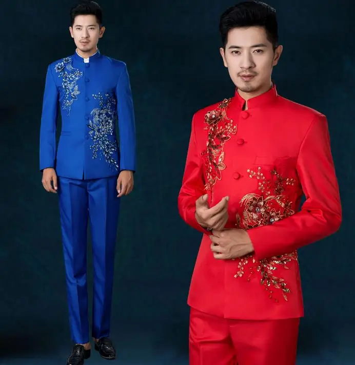 

White black red stand collar costume slim men chinese tunic suit set flowers with pants mens suits wedding groom formal dress