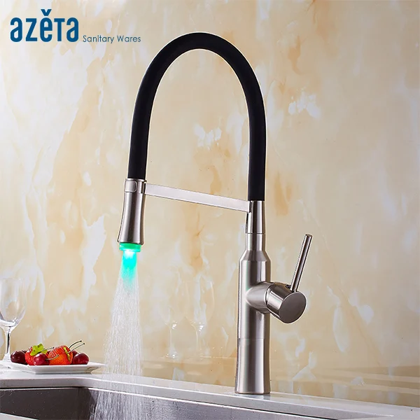 

Azeta Pull Down Kitchen Faucet Brushed Nickel Brass Kitchen LED Faucet With Black Rubber Design Kitchen Sink Mixer Tap AT9408LD
