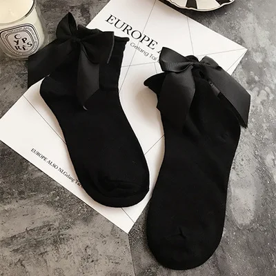BlackBlack Женские носки, хлопковые, японские, с большим бантом, одноцветные, Kerst Sokken, женские короткие милые носки, calcetines mujer, женские, x27s, рождественские носки - Цвет: BlackBlack