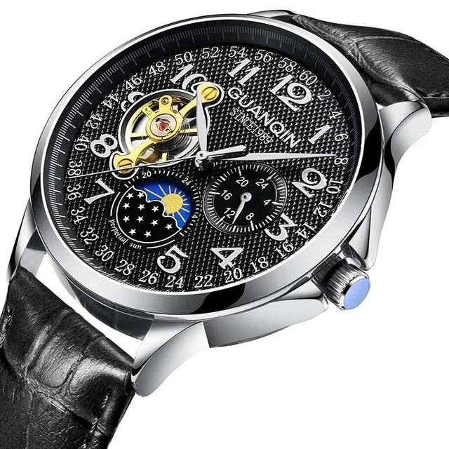 Black Leather Часы мужские GUANQIN GJ16212 наручные часы мужские s Moon фазный автоматический часы лучший бренд Скелет Механические наручные часы Fix Инструмент - Цвет: Black Leather