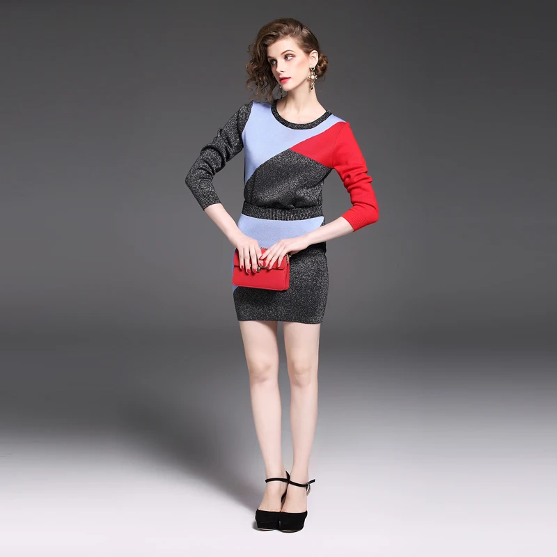 

new knitting fashion color of knitted sweater bodycon skirt suits round collar Package women short skirt two-piece outfit