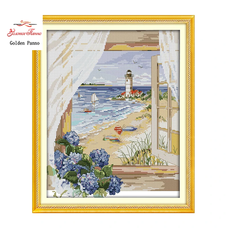 Golden Panno,Seascape Outside the Window Counted Cross Stitch 11CT 14CT Cross Stitch Set landscape Cross-stitch Kits decor 923